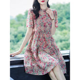 Womens Vintage Inspired Silk Floral Midi Dress Pink Silk Dress